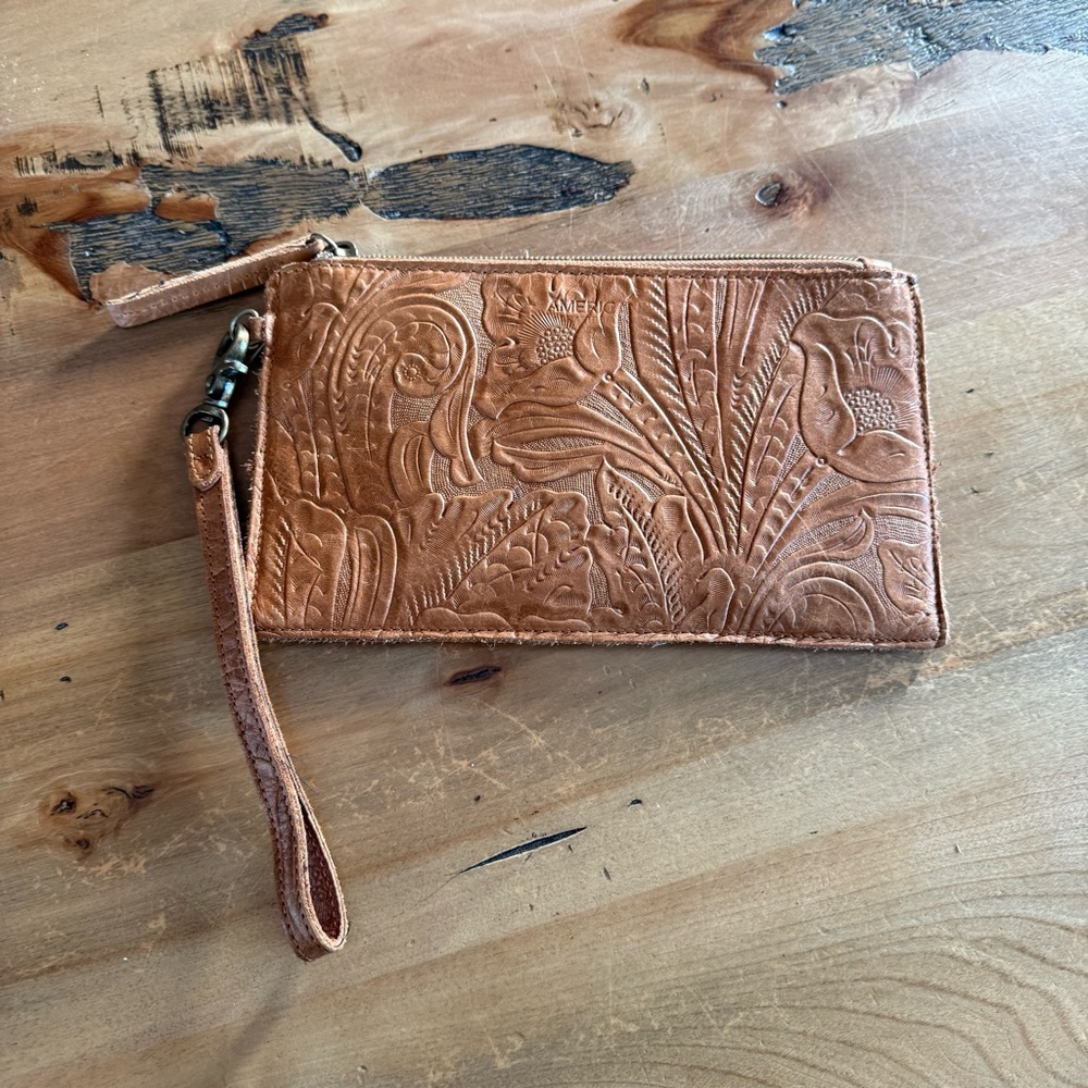 Embossed Tan Leather Wristlet